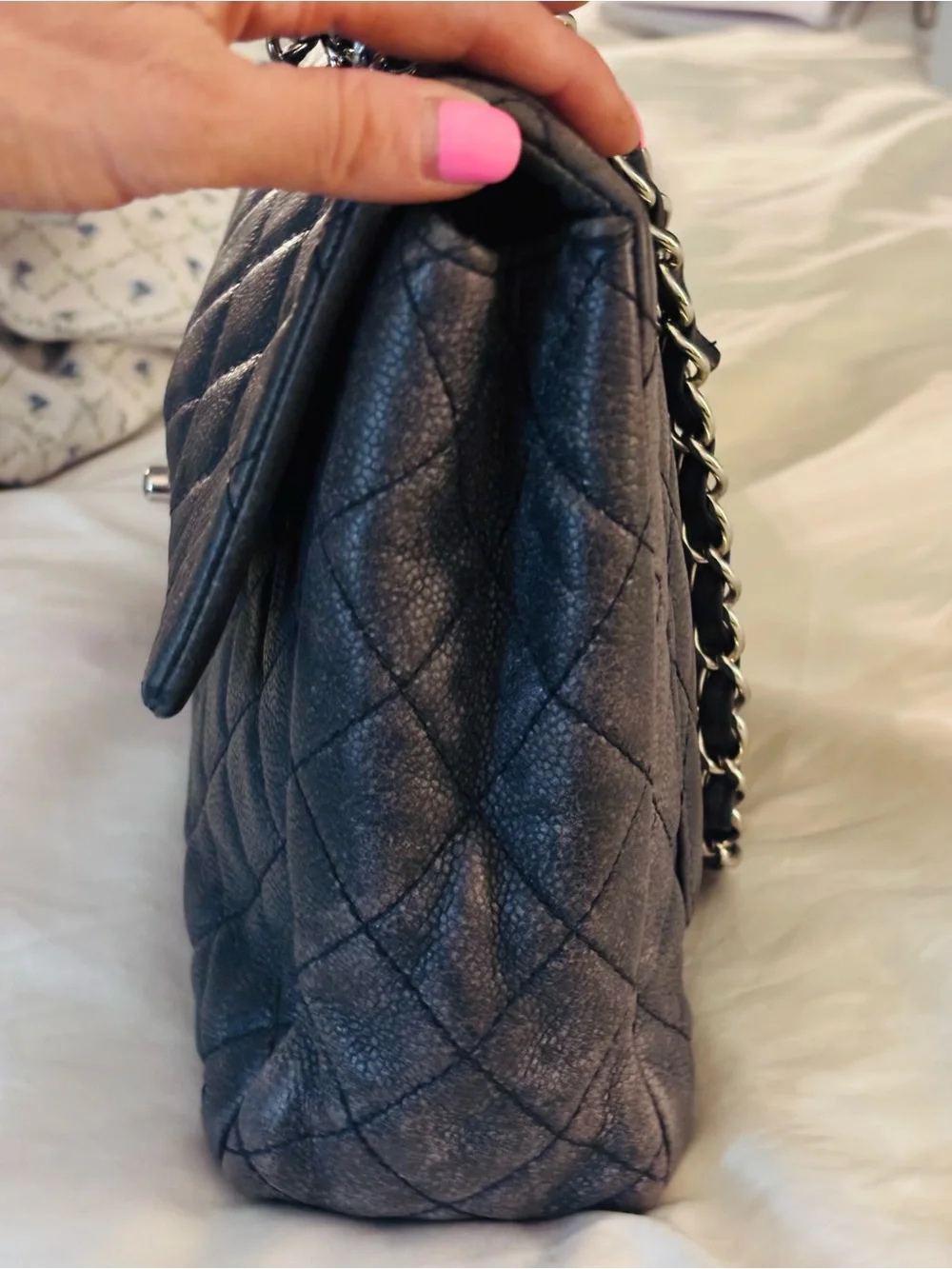 CHANEL vintage Maxi Classic Flap Navy Caviar Leather w/ Silver Hardware